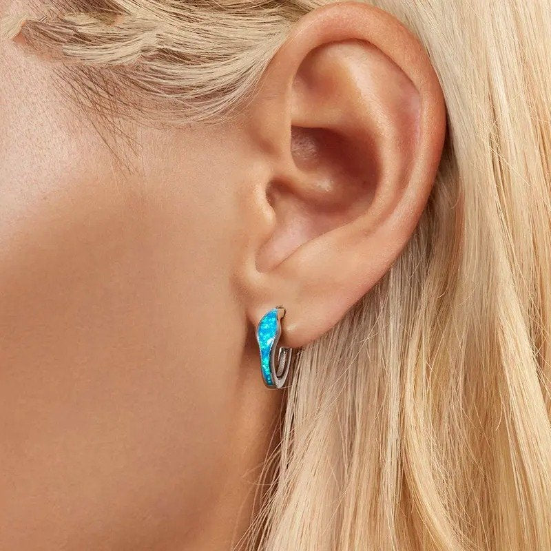 Boucles d'oreilles créoles en opale pour femme plaquées or blanc