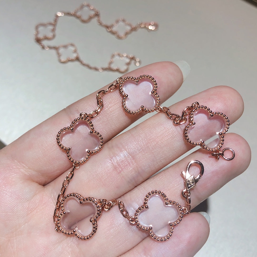 [✨Rose💎]BRACELET EN OR ROSE À 5 MOTIFS EN CRISTAL DE ROCHE ET TRÈFLE
