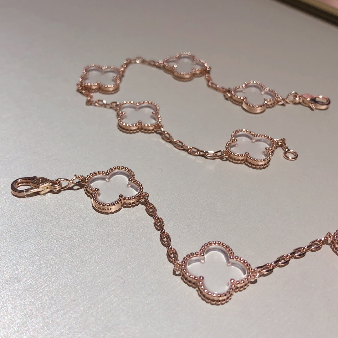 [✨Rose💎]BRACELET EN OR ROSE À 5 MOTIFS EN CRISTAL DE ROCHE ET TRÈFLE