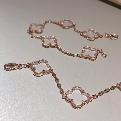 [✨Rose💎]BRACELET EN OR ROSE À 5 MOTIFS EN CRISTAL DE ROCHE ET TRÈFLE
