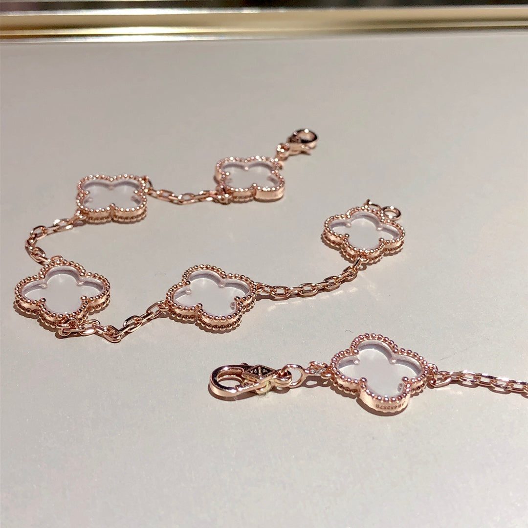 [✨Rose💎]BRACELET EN OR ROSE À 5 MOTIFS EN CRISTAL DE ROCHE ET TRÈFLE