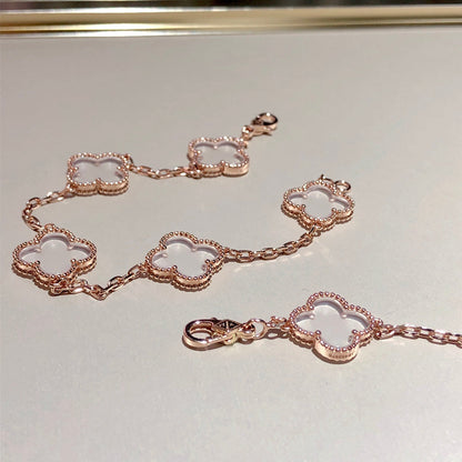 [✨Rose💎]BRACELET EN OR ROSE À 5 MOTIFS EN CRISTAL DE ROCHE ET TRÈFLE