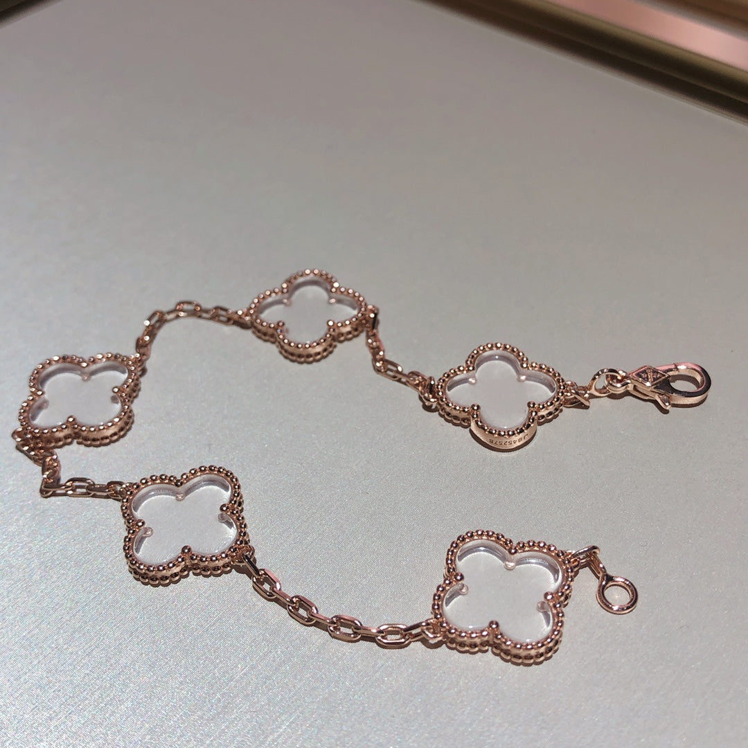 [✨Rose💎]BRACELET EN OR ROSE À 5 MOTIFS EN CRISTAL DE ROCHE ET TRÈFLE