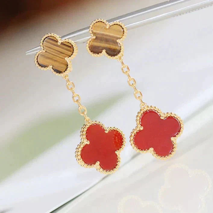 [✨Rose💎]Boucles d'oreilles en cornaline et œil de tigre à 2 motifs de trèfle