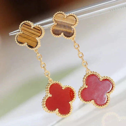 [✨Rose💎]Boucles d'oreilles en cornaline et œil de tigre à 2 motifs de trèfle