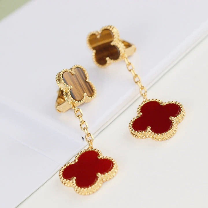[✨Rose💎]Boucles d'oreilles en cornaline et œil de tigre à 2 motifs de trèfle