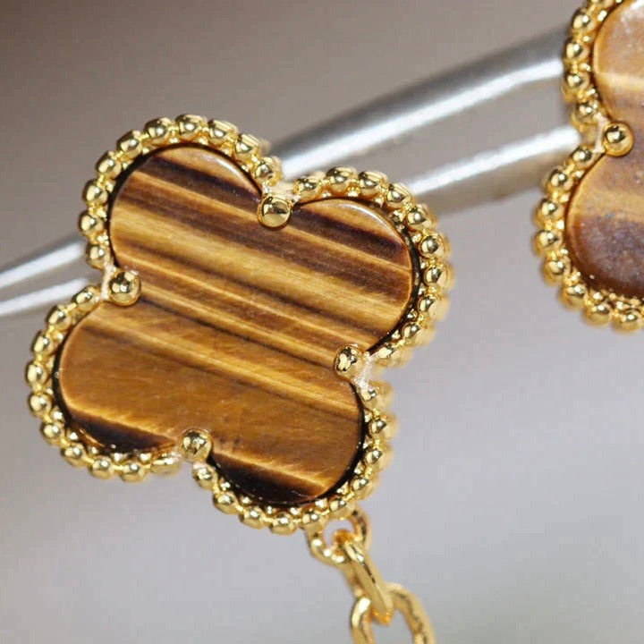 [✨Rose💎]Boucles d'oreilles en cornaline et œil de tigre à 2 motifs de trèfle