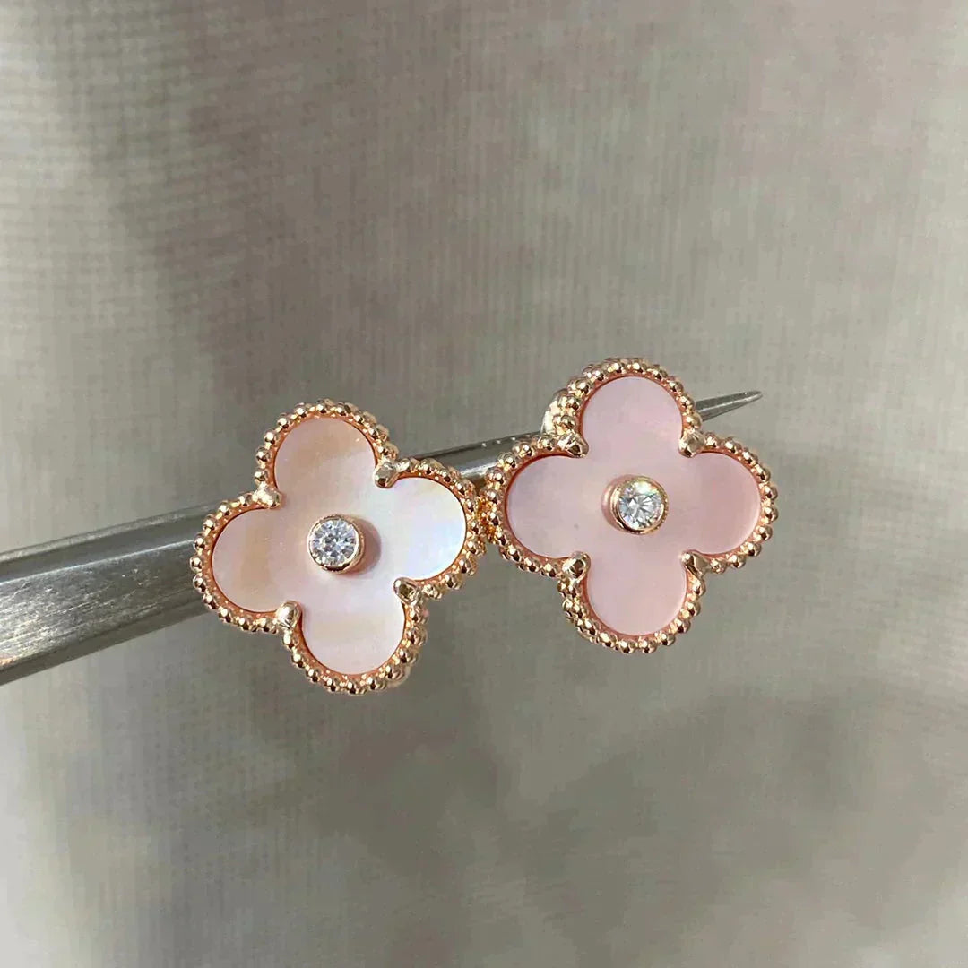 [✨Rose💎]CLOVER MEDIUM 1 MOTIFS BOUCLES D'OREILLES ROSE MOP DIAMANT
