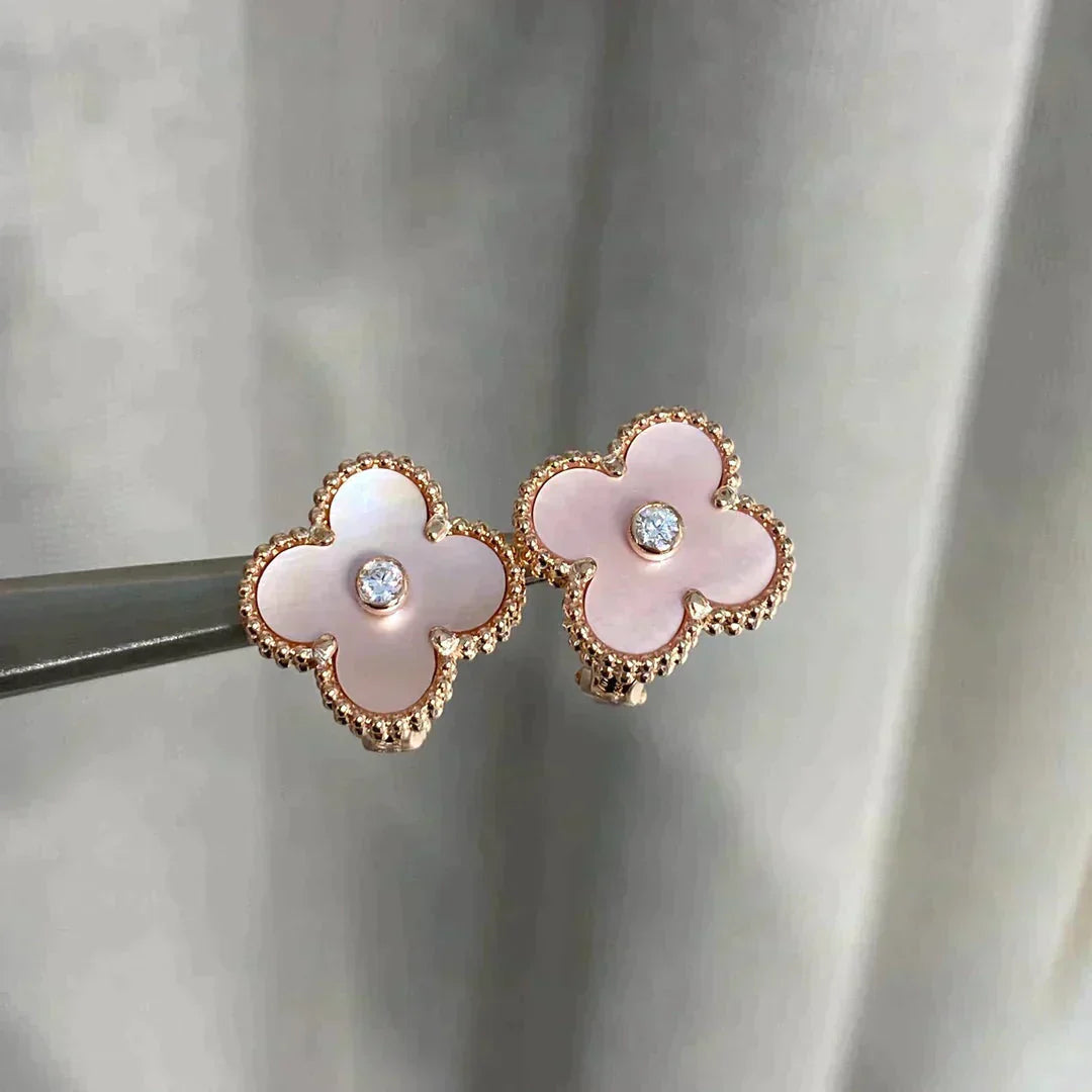 [✨Rose💎]CLOVER MEDIUM 1 MOTIFS BOUCLES D'OREILLES ROSE MOP DIAMANT