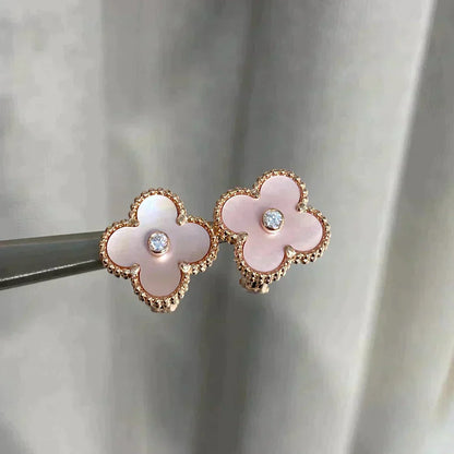 [✨Rose💎]CLOVER MEDIUM 1 MOTIFS BOUCLES D'OREILLES ROSE MOP DIAMANT