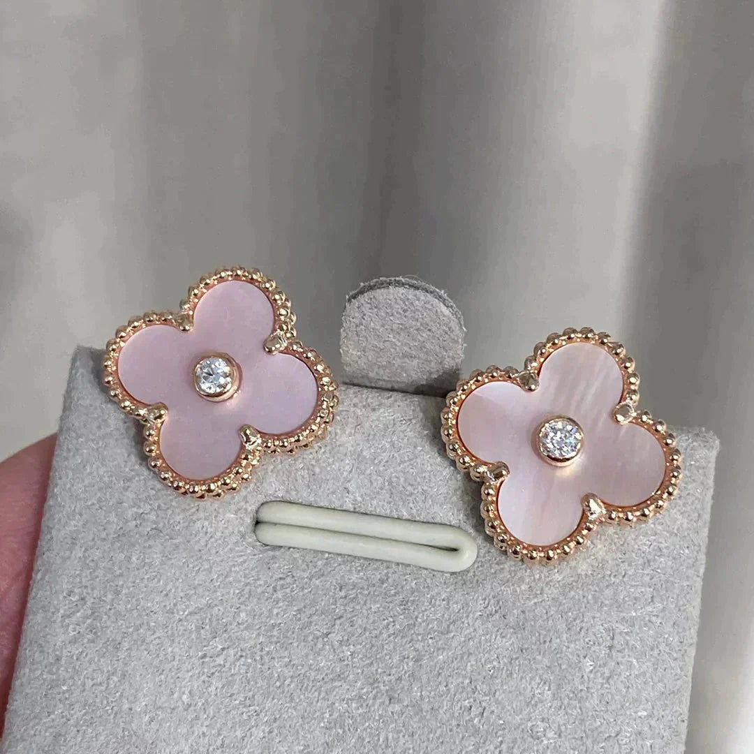 [✨Rose💎]CLOVER MEDIUM 1 MOTIFS BOUCLES D'OREILLES ROSE MOP DIAMANT