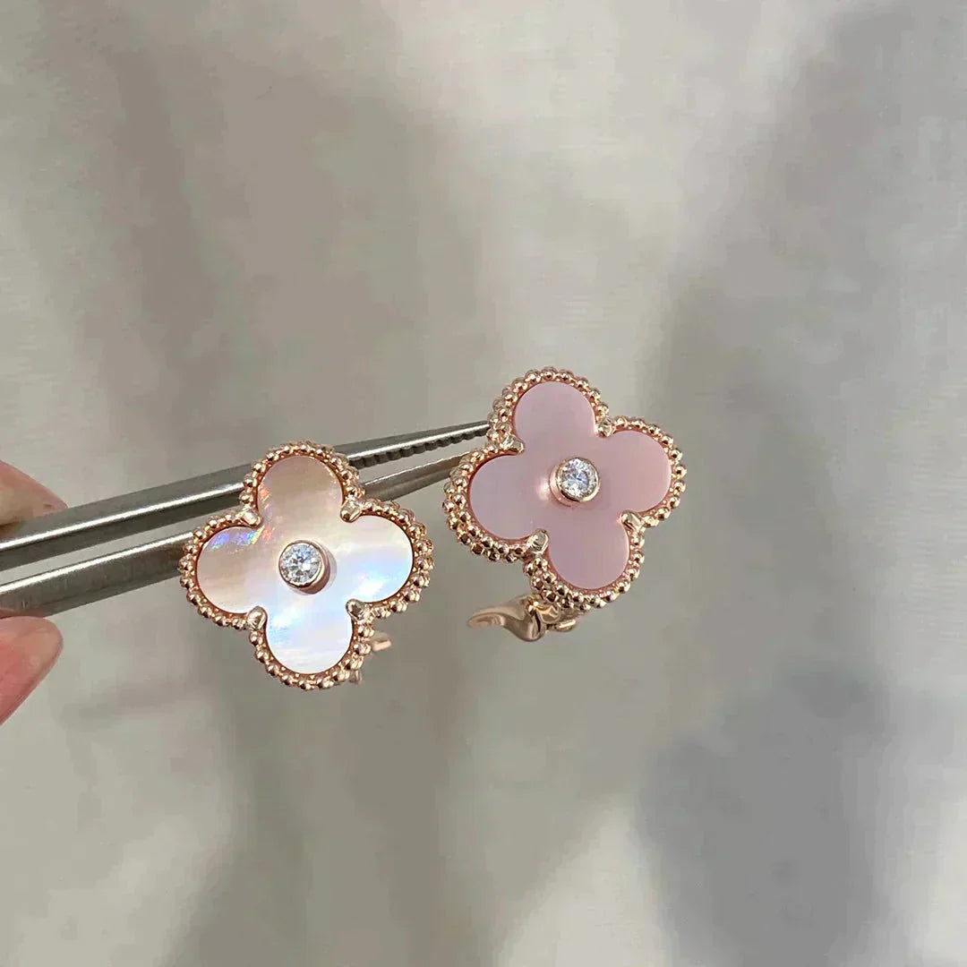 [✨Rose💎]CLOVER MEDIUM 1 MOTIFS BOUCLES D'OREILLES ROSE MOP DIAMANT