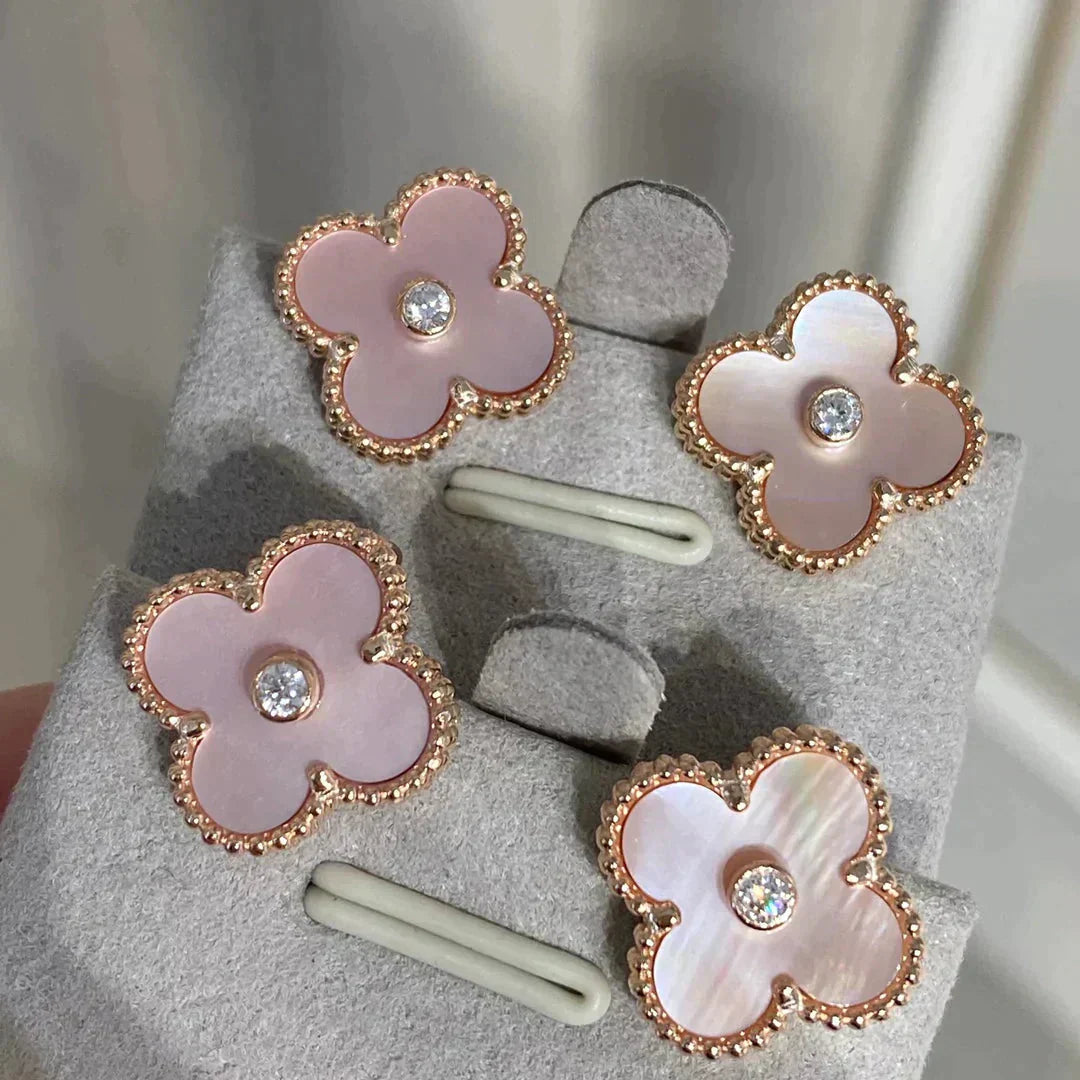 [✨Rose💎]CLOVER MEDIUM 1 MOTIFS BOUCLES D'OREILLES ROSE MOP DIAMANT