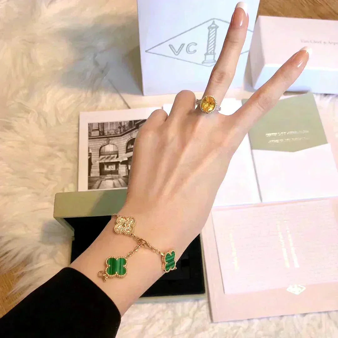 [✨Rose💎]BRACELET TRÈFLE 5 MOTIF MALACHITE DIAMANT