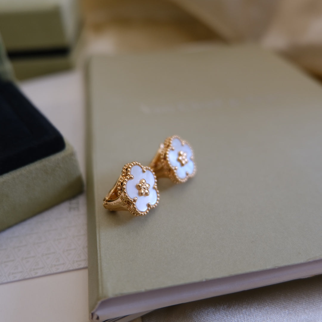 [✨Rose💎]Boucles d'oreilles porte-bonheur en or rose et nacre blanche 