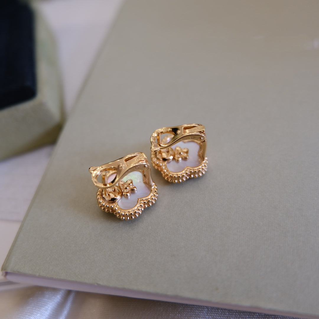 [✨Rose💎]Boucles d'oreilles porte-bonheur en or rose et nacre blanche 