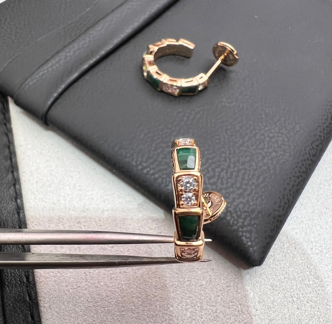 [✨Rose💎]BOUCLES D'OREILLES EN OR ROSE ET MALACHITE SERPENTI
