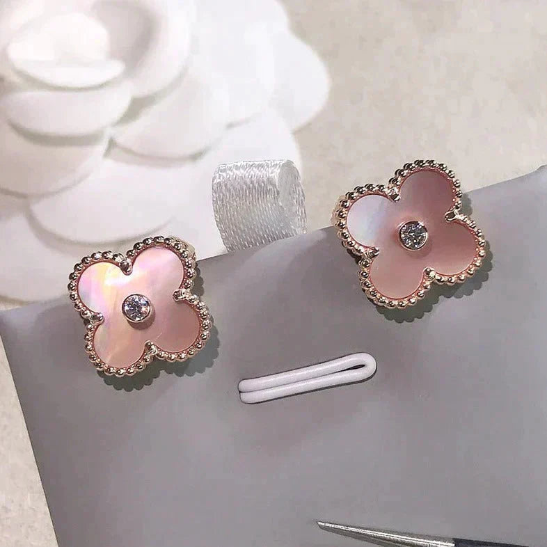 [✨Rose💎]CLOVER MEDIUM 1 MOTIFS BOUCLES D'OREILLES ROSE MOP DIAMANT