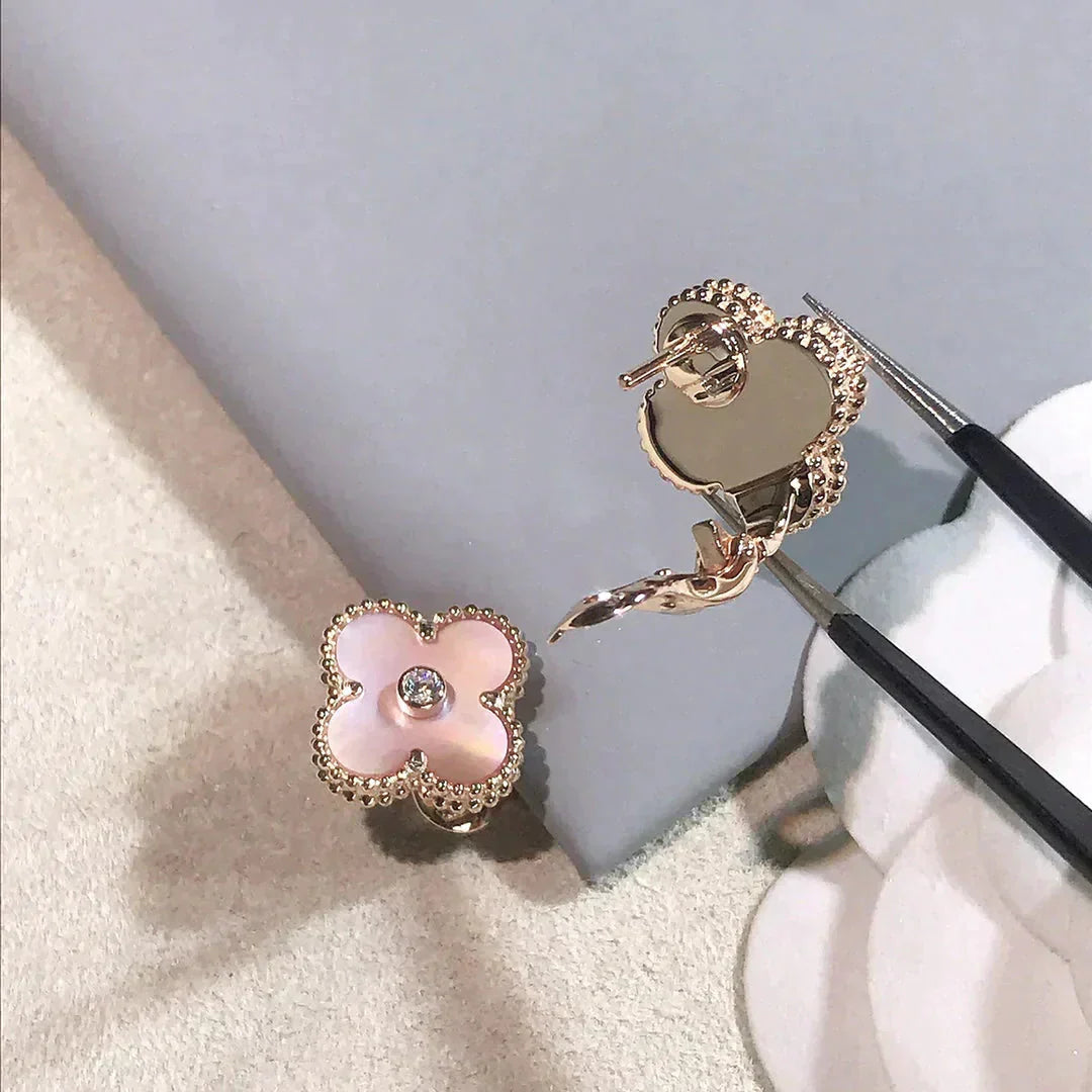[✨Rose💎]CLOVER MEDIUM 1 MOTIFS BOUCLES D'OREILLES ROSE MOP DIAMANT