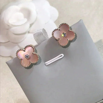 [✨Rose💎]CLOVER MEDIUM 1 MOTIFS BOUCLES D'OREILLES ROSE MOP DIAMANT