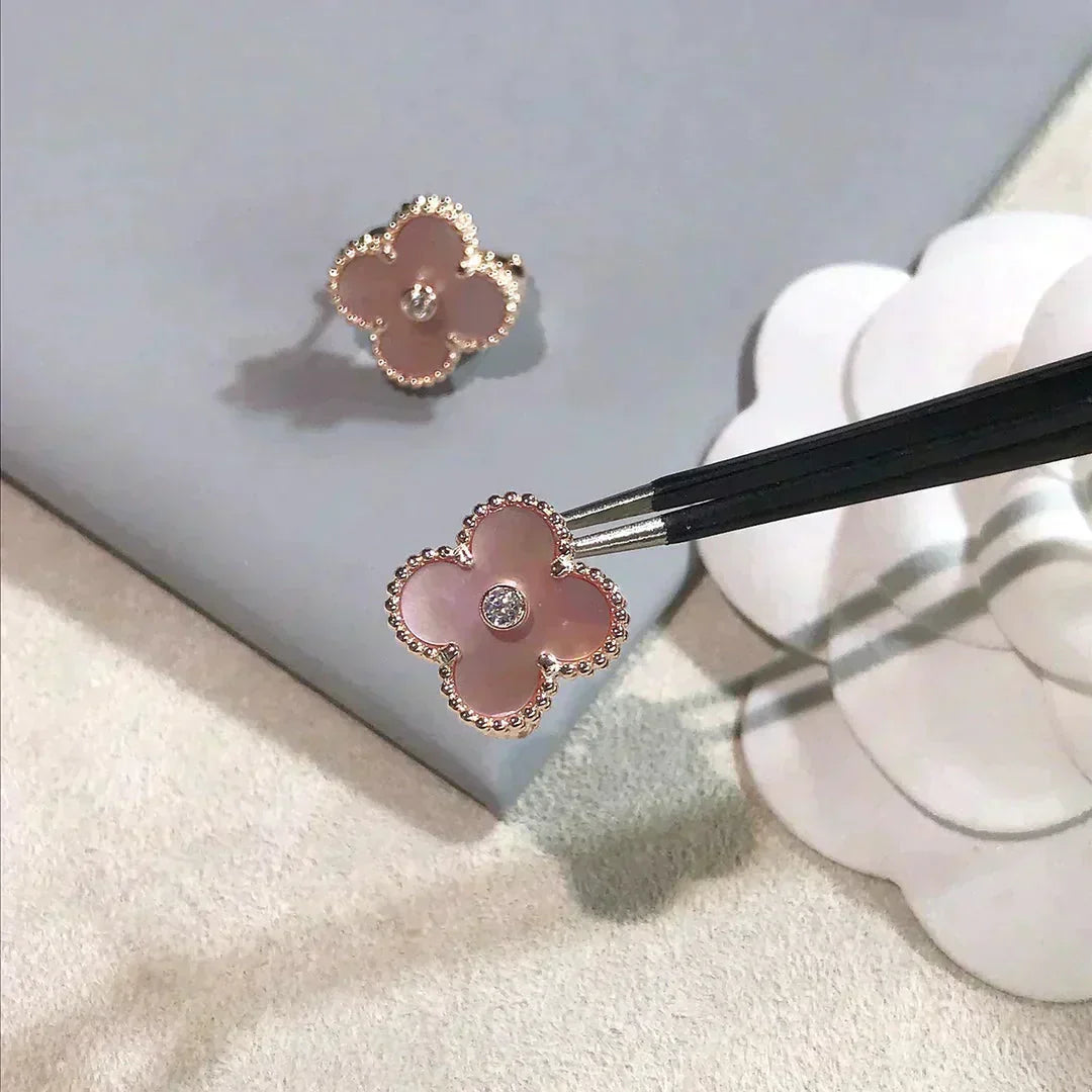 [✨Rose💎]CLOVER MEDIUM 1 MOTIFS BOUCLES D'OREILLES ROSE MOP DIAMANT