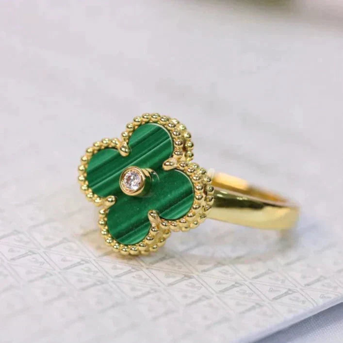 [✨Rose💎]BAGUE TRÈFLE MALACHITE OR DIAMANT