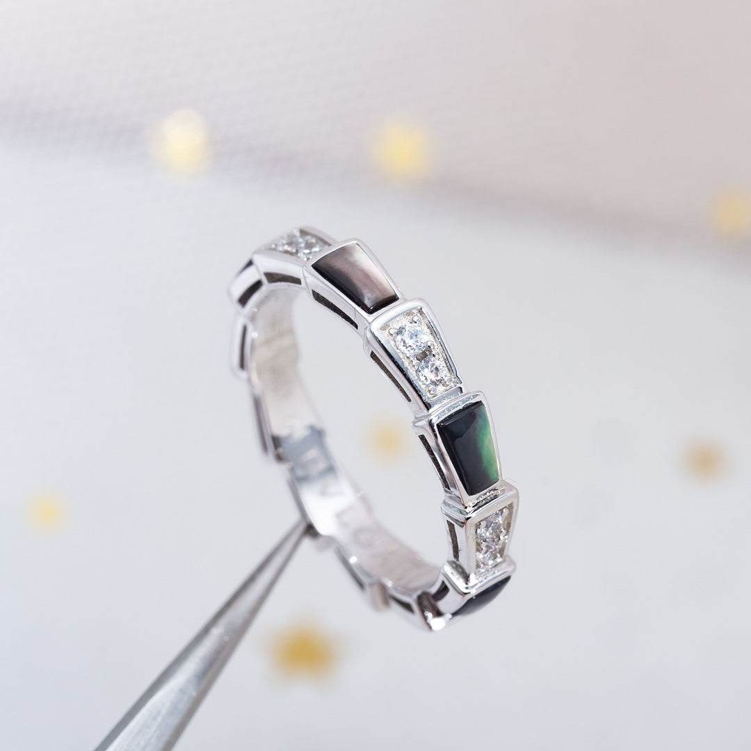 [✨Rose💎]BAGUE SERPENTI ARGENT DIAMANT NACRE NOIRE 3MM