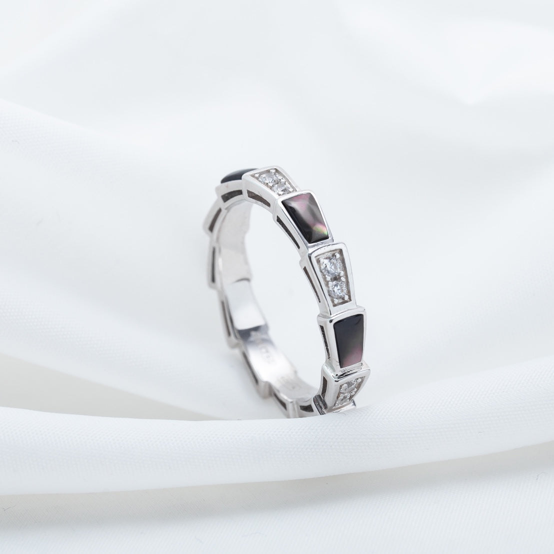 [✨Rose💎]BAGUE SERPENTI ARGENT DIAMANT NACRE NOIRE 3MM