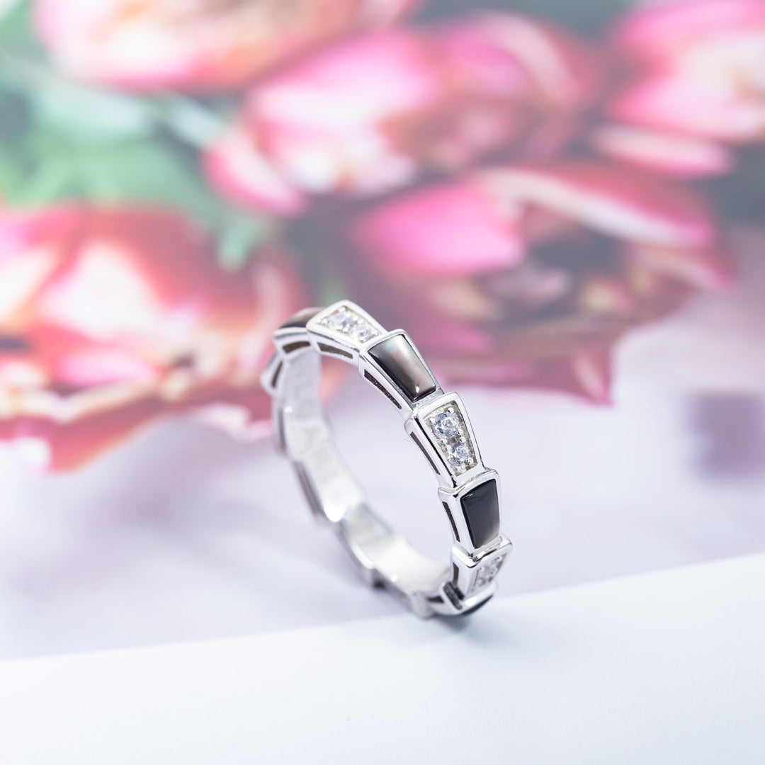 [✨Rose💎]BAGUE SERPENTI ARGENT DIAMANT NACRE NOIRE 3MM