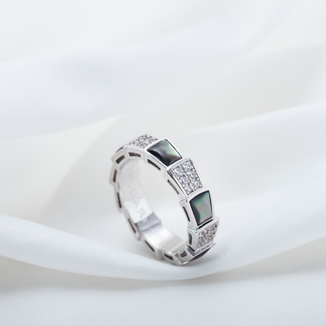 [✨Rose💎]BAGUE SERPENTI ARGENT DIAMANT NACRE NOIRE 4MM