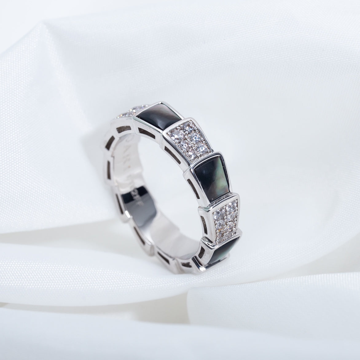 [✨Rose💎]BAGUE SERPENTI ARGENT DIAMANT NACRE NOIRE 4MM