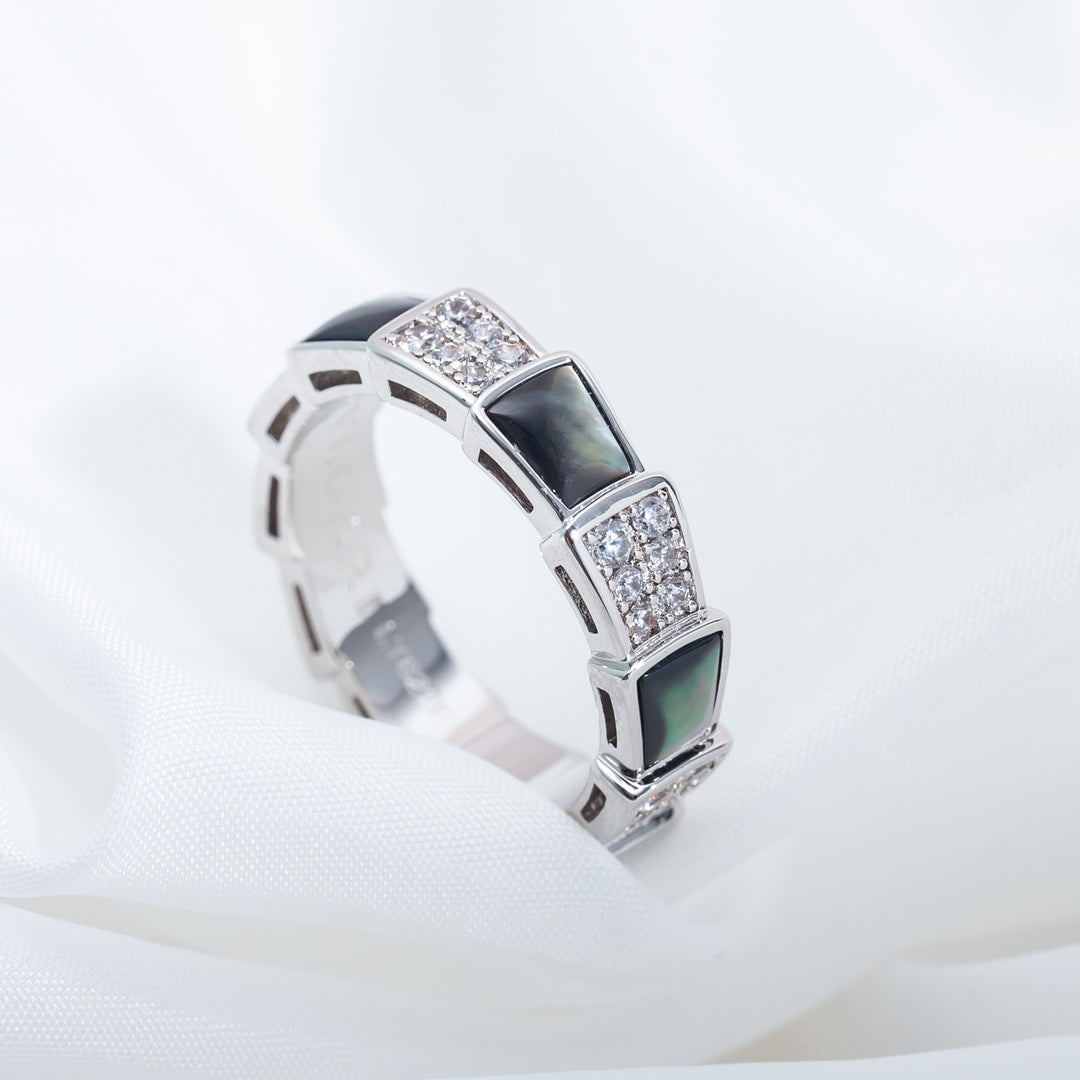 [✨Rose💎]BAGUE SERPENTI ARGENT DIAMANT NACRE NOIRE 4MM