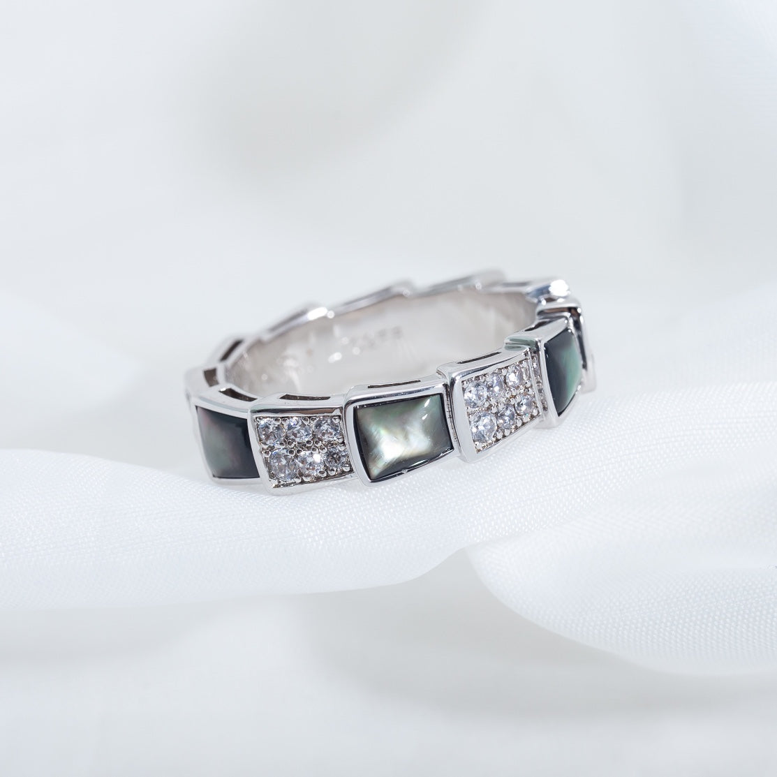 [✨Rose💎]BAGUE SERPENTI ARGENT DIAMANT NACRE NOIRE 4MM
