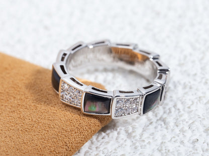 [✨Rose💎]BAGUE SERPENTI ARGENT DIAMANT NACRE NOIRE 4MM