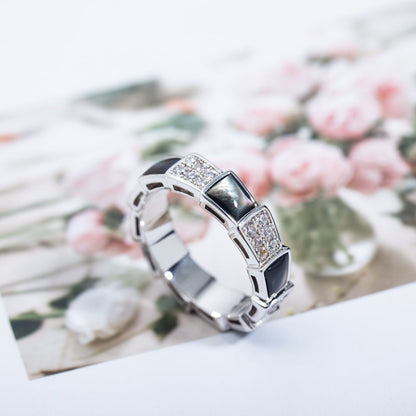 [✨Rose💎]BAGUE SERPENTI ARGENT DIAMANT NACRE NOIRE 4MM