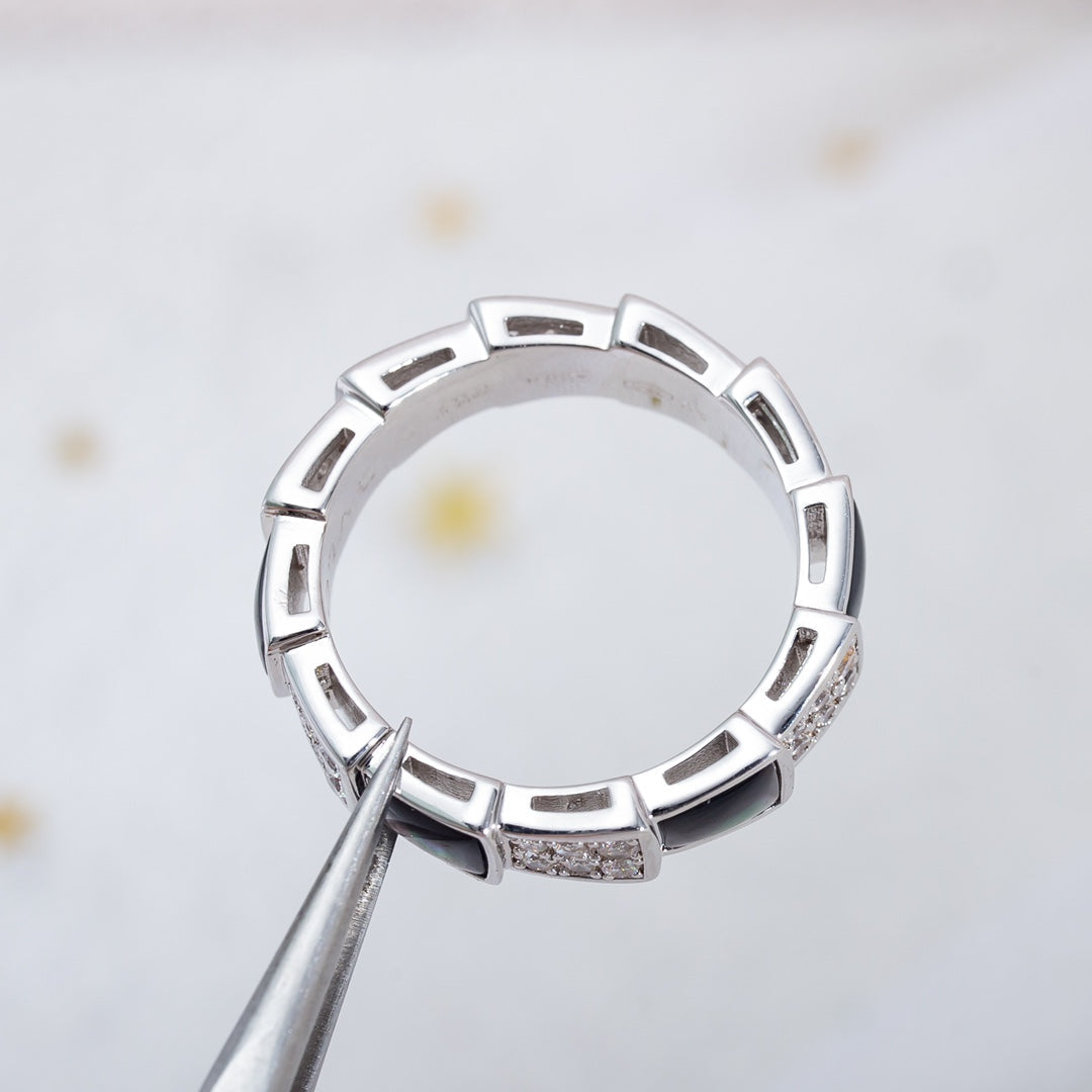 [✨Rose💎]BAGUE SERPENTI ARGENT DIAMANT NACRE NOIRE 4MM
