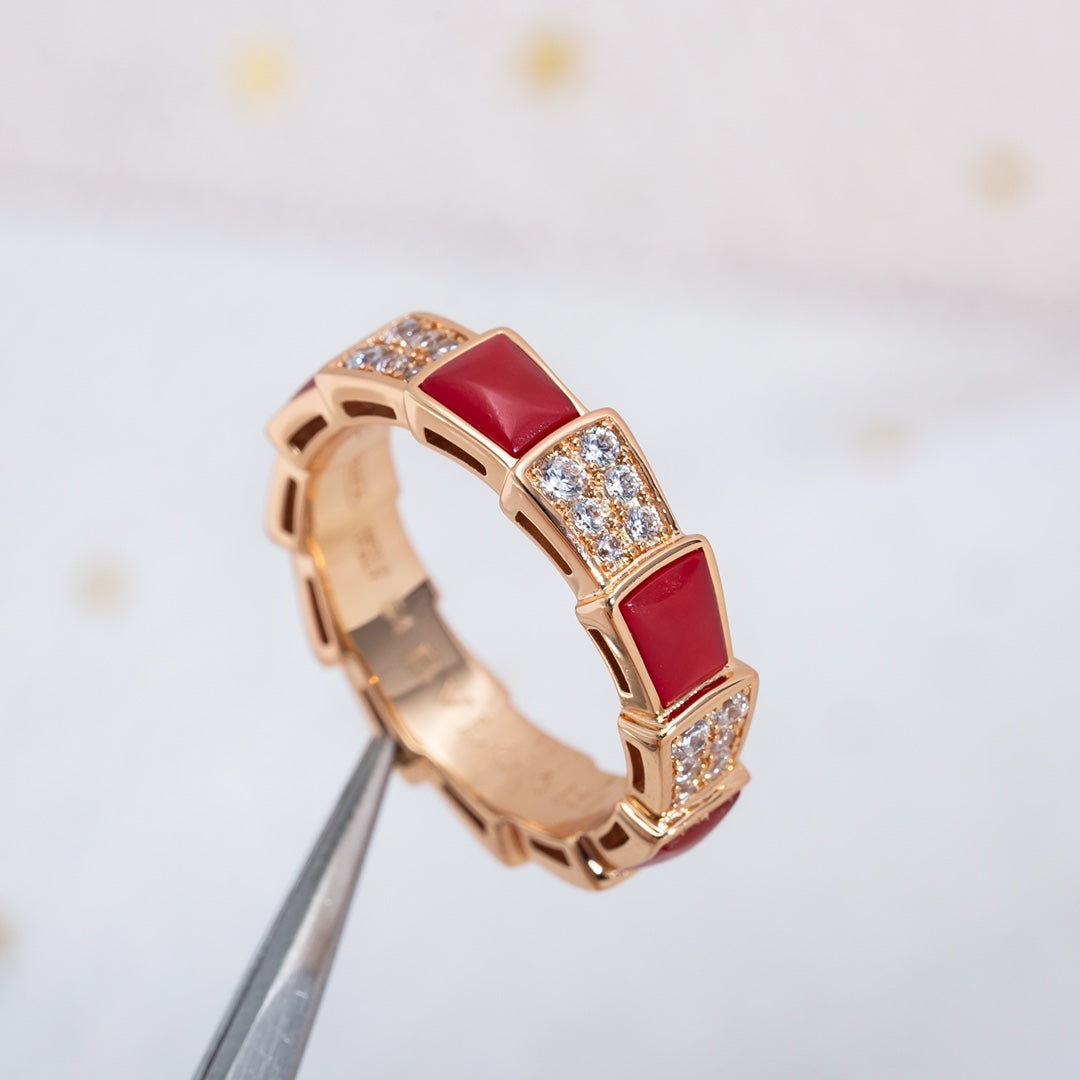 [✨Rose💎]BAGUE SERPENTI OR ROSE CORNALINE PAVÉE DIAMANTS 4MM