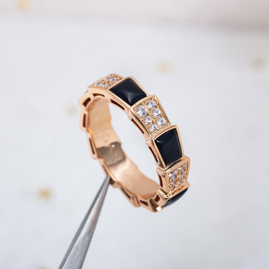 [✨Rose💎]BAGUE SERPENTI OR ROSE NACRE NOIRE PAVÉE DIAMANTS 4MM