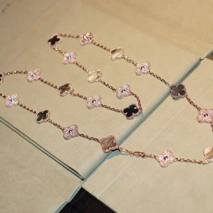 [✨Rose💎] COLLIER TRÈFLE 20 MOTIFS NACRE FONCÉE DIAMANTS