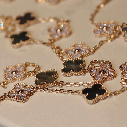 [✨Rose💎] COLLIER TRÈFLE 20 MOTIFS NACRE FONCÉE DIAMANTS
