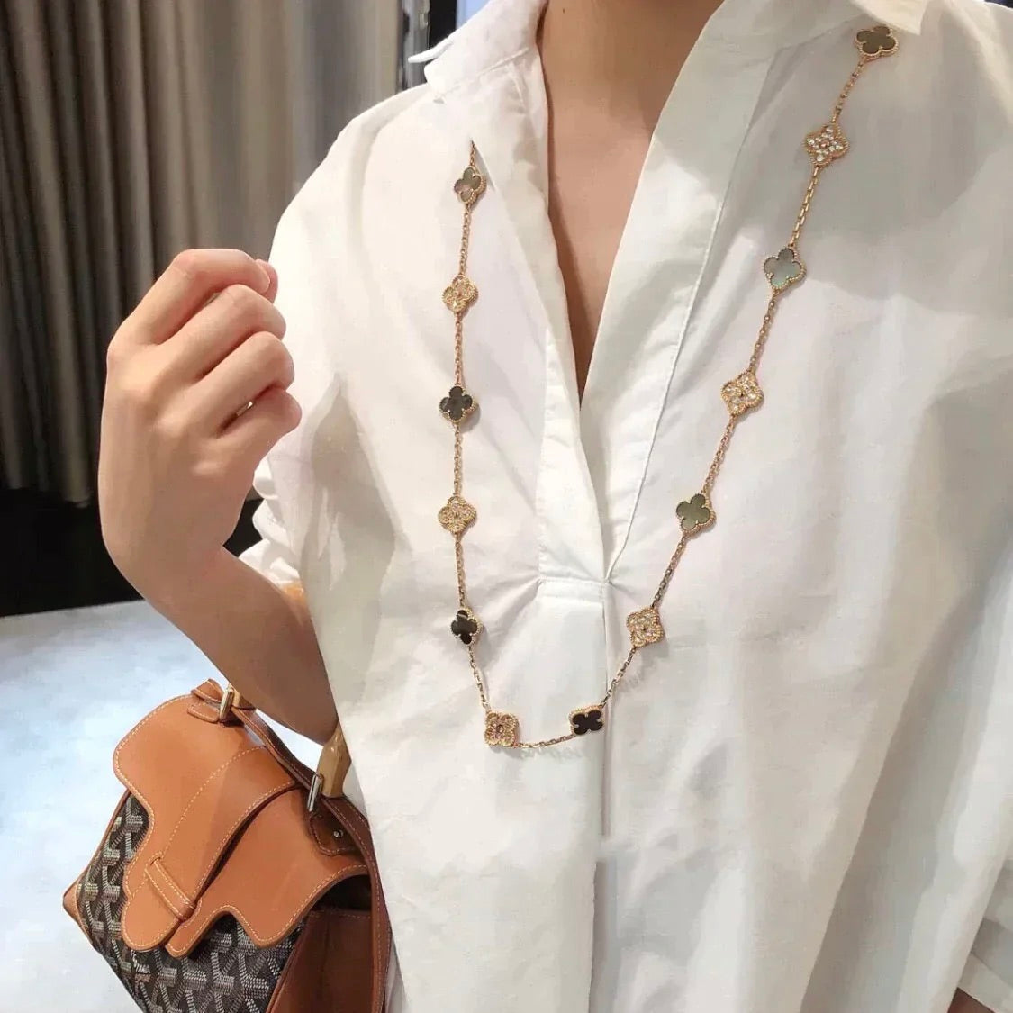 [✨Rose💎] COLLIER TRÈFLE 20 MOTIFS NACRE FONCÉE DIAMANTS