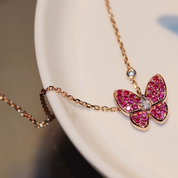 [✨Rose💎] COLLIER PAPILLON EN OR ROSE ET DIAMANT ROUGE