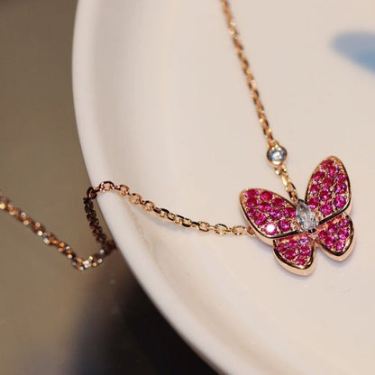 [✨Rose💎] COLLIER PAPILLON EN OR ROSE ET DIAMANT ROUGE
