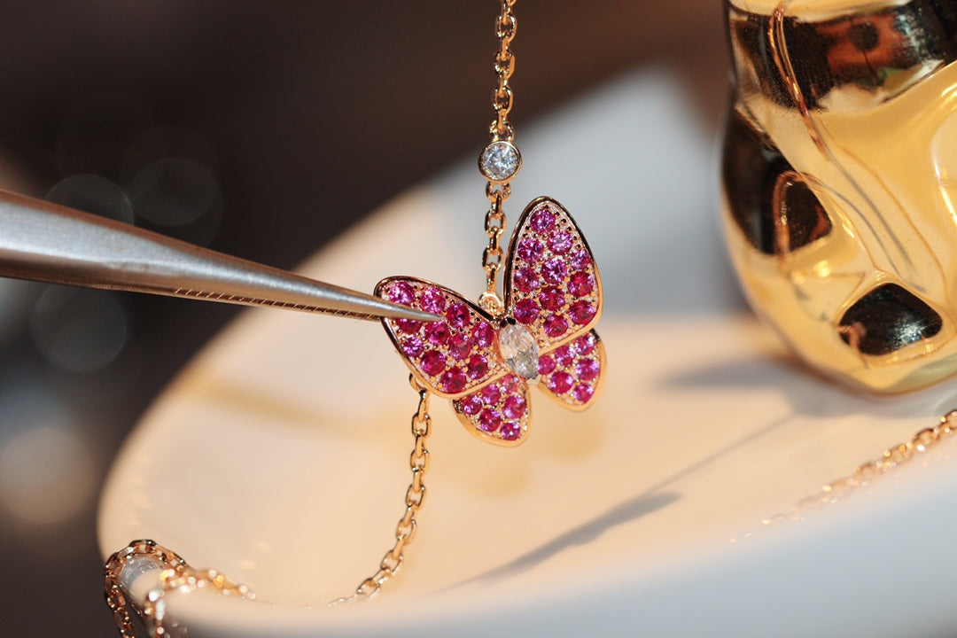 [✨Rose💎] COLLIER PAPILLON EN OR ROSE ET DIAMANT ROUGE