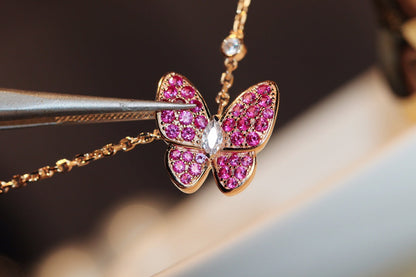 [✨Rose💎] COLLIER PAPILLON EN OR ROSE ET DIAMANT ROUGE