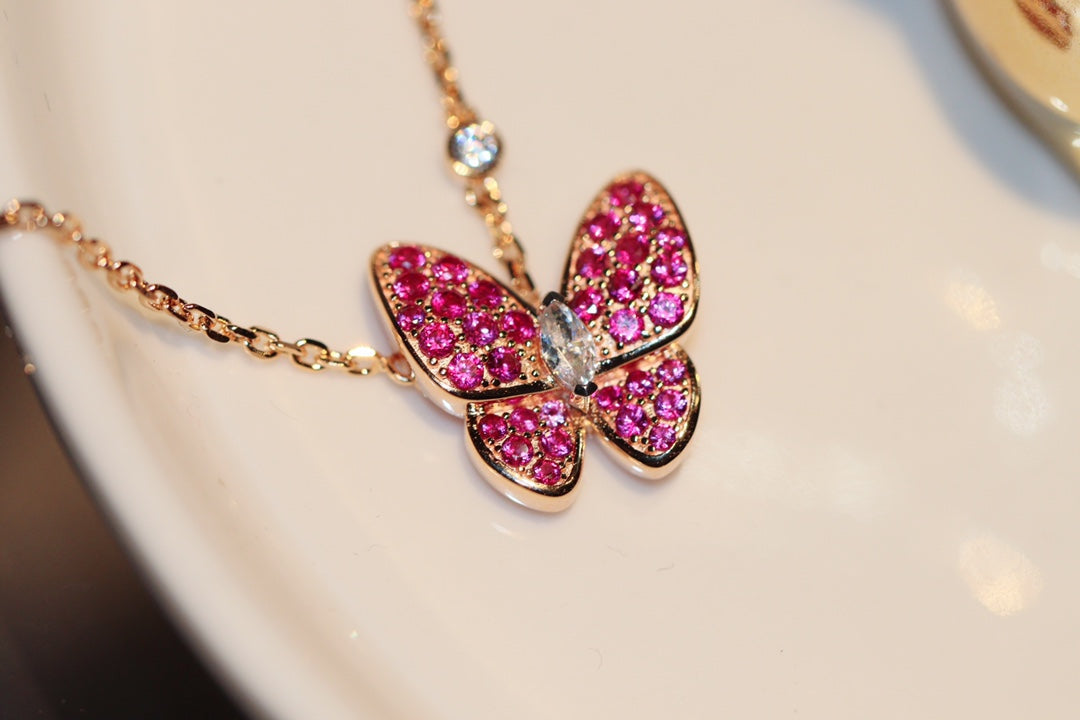[✨Rose💎] COLLIER PAPILLON EN OR ROSE ET DIAMANT ROUGE