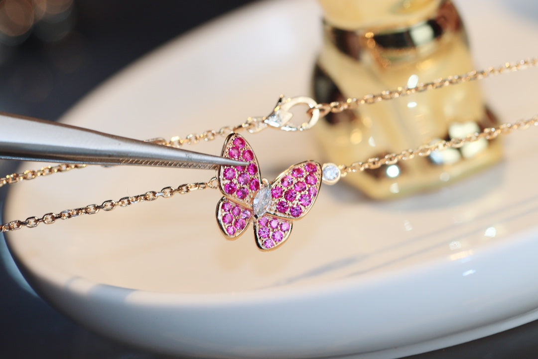 [✨Rose💎] COLLIER PAPILLON EN OR ROSE ET DIAMANT ROUGE