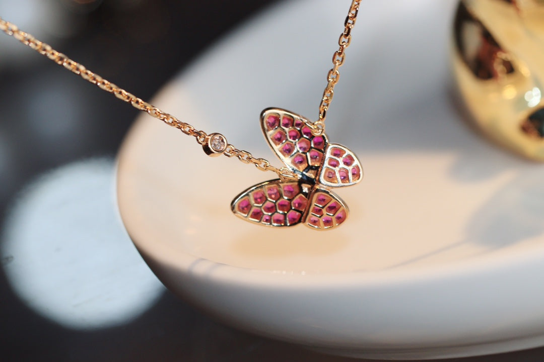 [✨Rose💎] COLLIER PAPILLON EN OR ROSE ET DIAMANT ROUGE