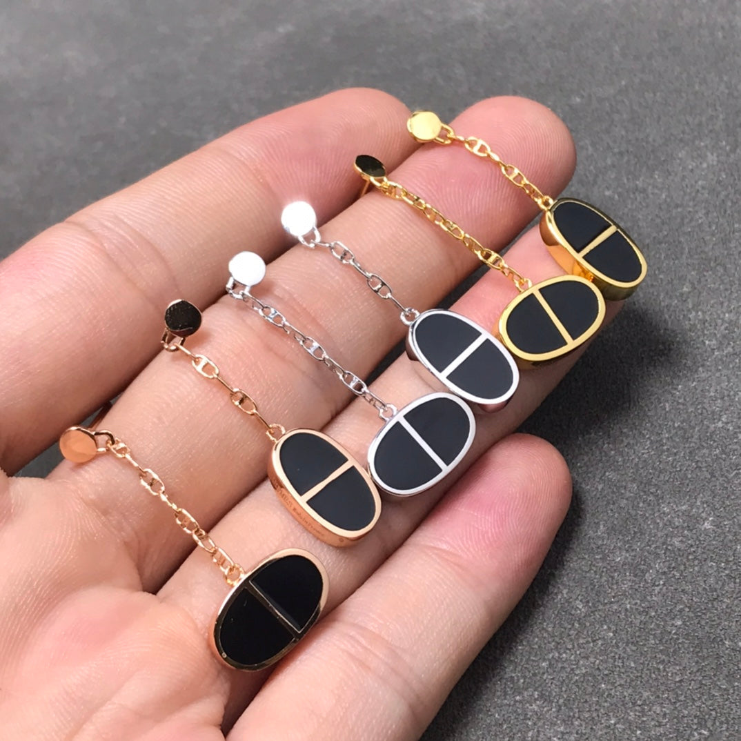 [✨Rose💎]BOUCLES D'OREILLES CHAÎNE VERSO EN CÉRAMIQUE NOIRE ET ARGENT
