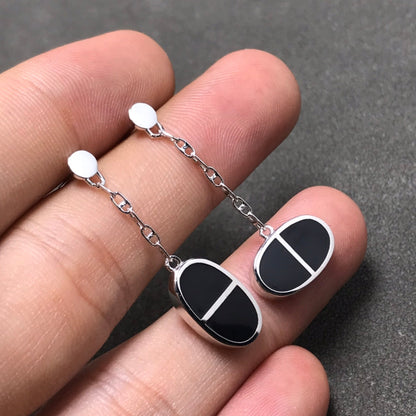 [✨Rose💎]BOUCLES D'OREILLES CHAÎNE VERSO EN CÉRAMIQUE NOIRE ET ARGENT